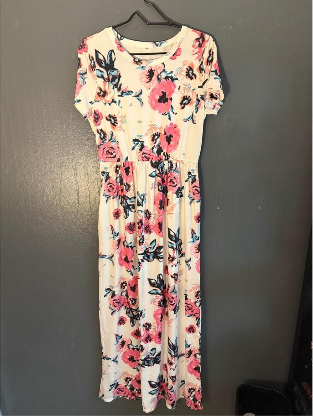 Unbranded White and Pink Floral Fit & Flare Maxi Dress for Women